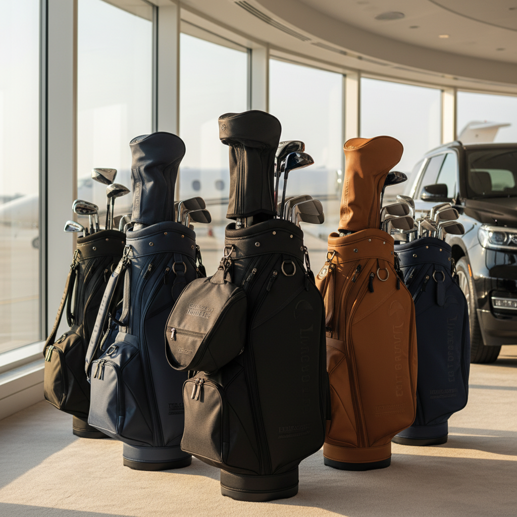 Premium golf travel bags in a luxe travel setting, showcasing style, quality, and adventure readiness.